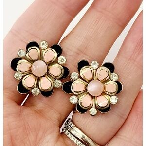 Vintage 1940s Eisenberg Earrings, Floral, Enamel, Pink and Black, Screwback